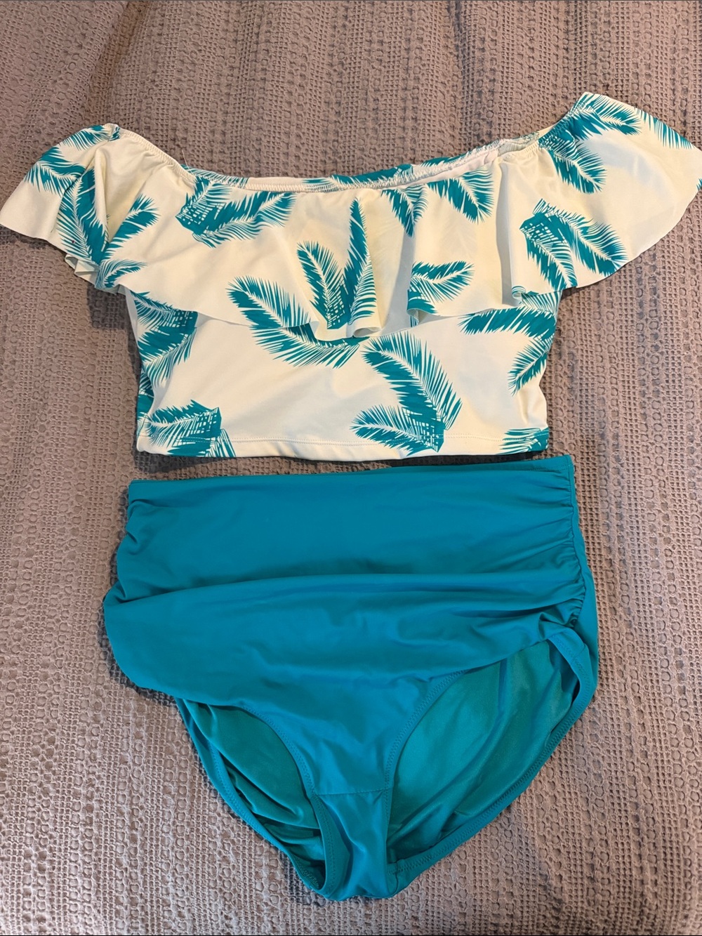 KIAVA Teal Palm-Print Off-Shoulder Bikini Set [BC0939]